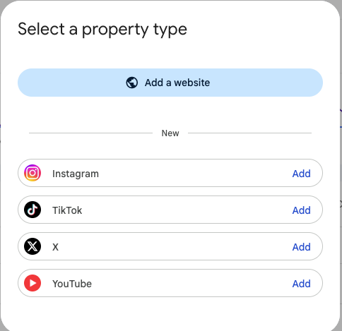 The "Select a property type" dialog in Google Search Console, with "Add a website" at the top and the new social property types below it: Instagram, TikTok, X, and YouTube, each with an Add button.